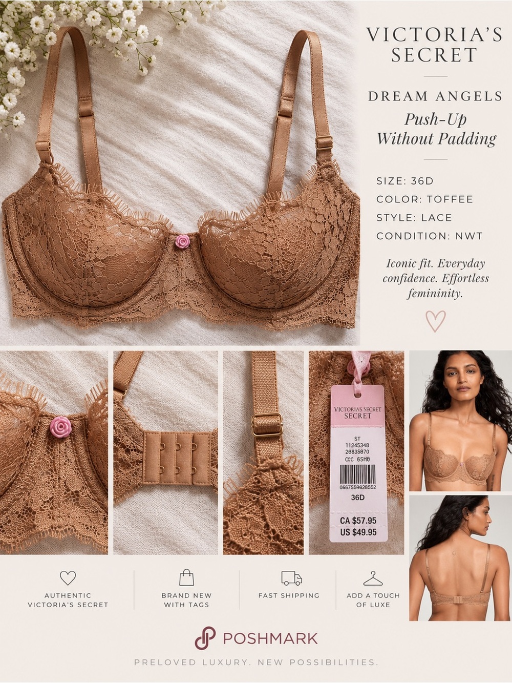 Victoria's Secret Toffee Lace Underwire Push-Up Bra with Rose Accent